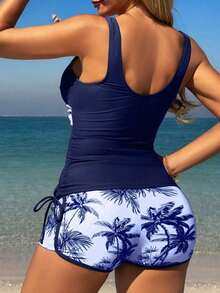 Women's Spring Vacation Swimsuit, Tropical Plant Print, Boy Style Shorts With Included Tank Top, Bikini - Navy Blue - View 2