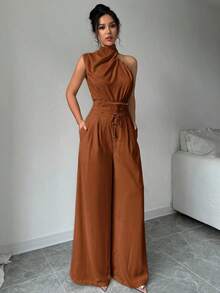 Conjunto de dos piezas para mujer con top de cuello apilado elegante color albaricoque y pantalones de pierna ancha, ropa de maestra, pantalones ligeros y cómodos, conjunto de dos piezas con top sin mangas asimétrico, adecuado para primavera, verano y otoño, conjunto de dos piezas con pantalones holgados, conjunto de dos piezas de diseñador, atuendo para mujeres para conciertos, vestido de noche elegante, adecuado para uso diario, fiestas, temporada de graduación, temporada de bodas, disfraces para actuaciones - Marrón - Ver 3