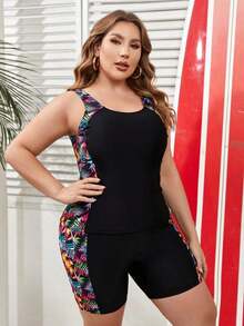 Swim Lushoire Talla Grande Bikini Estilo Chaleco unicolor Con Estampado Floral, Conjunto De Tankini Para Traje De Baño De Verano Para Playa - Negro - Ver 6