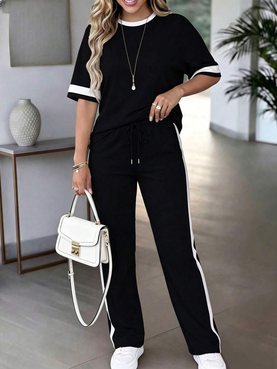 Conjunto de 2 piezas para mujer de primavera/verano, top de manga corta de cuello redondo y contraste de color casual y versátil, y pantalones rectos de cintura alta con cordón - Negro 1 - Ver 1