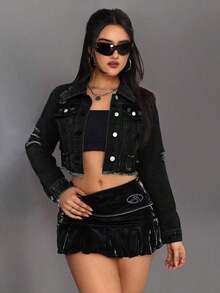 ICON Chaqueta corta de jean, casual y de moda para el uso diario - Negro - Ver 1