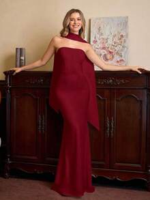 PARTHEA Vestido maxi de punto elegante y sexy para ocasiones formales de verano, con escote halter, decoración de cinta, dobladillo de cola de sirena de doble capa, fruncido, cierre de cremallera, unicolor, espalda descubierta - Rojo - Ver 1