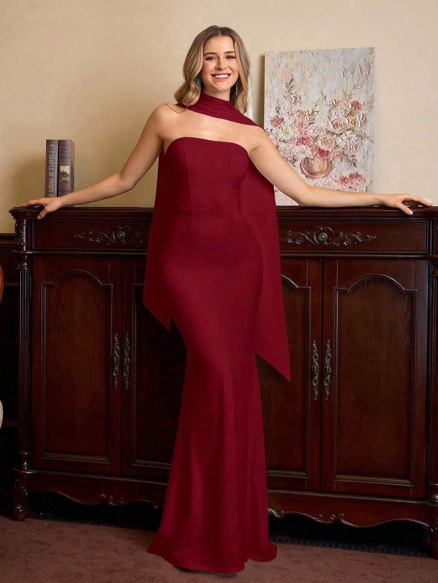 PARTHEA Vestido maxi de punto elegante y sexy para ocasiones formales de verano, con escote halter, decoración de cinta, dobladillo de cola de sirena de doble capa, fruncido, cierre de cremallera, unicolor, espalda descubierta - Rojo - Ver 1
