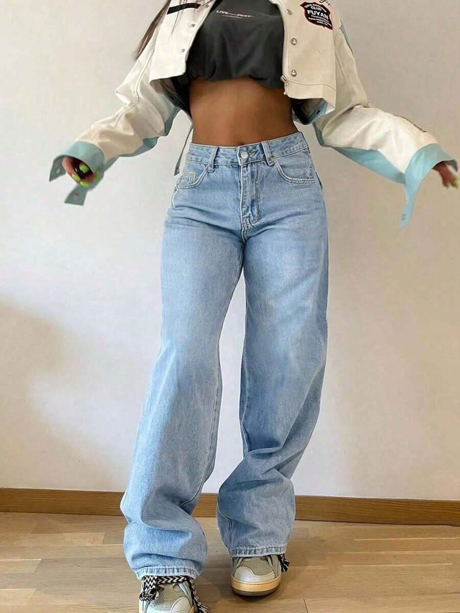 Jeans rectos holgados y apilados de estilo vintage para mujer, casuales para primavera - Lavado ligero 4 - Ver 1