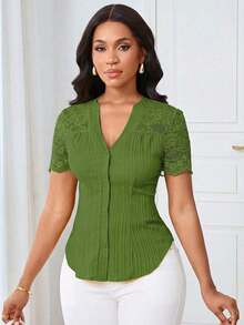 Camisa casual de mujer de unicolor y estilo simple para uso diario, verano - Verde 2 - Ver 5