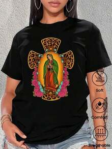 Camiseta de cuello redondo y mangas cortas de ropa fashion, fabricada enéxico, para la temporada primavera-verano 2025.Con estampado de dibujos animados, un modelo de pareja, apta para usar tanto por dentro como por fuera, para oficina y estilo casual, diseñpara hombres y mujeres, en unidad individual.blusas para mujer playeras de mujer blusas casuales para dama - Negro - Ver 1