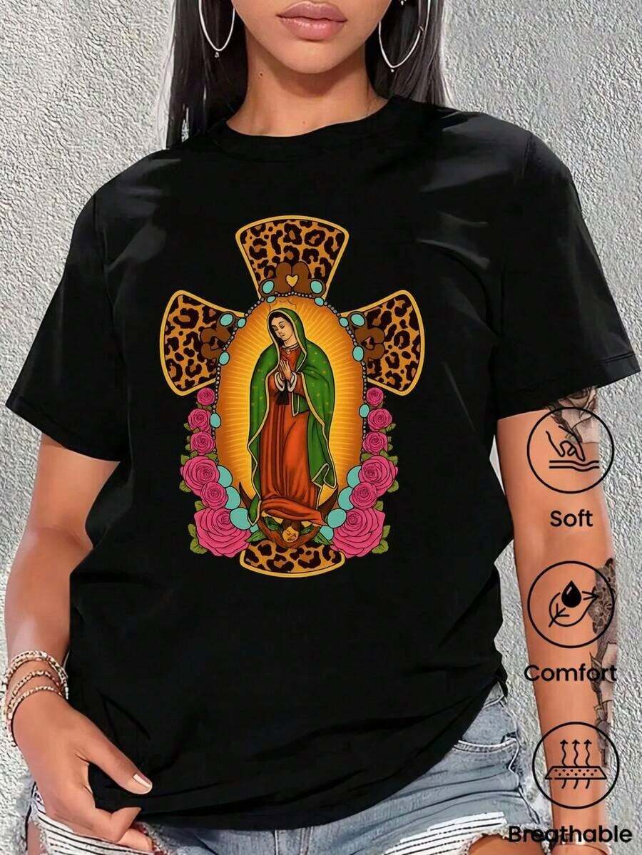 Camiseta de cuello redondo y mangas cortas de ropa fashion, fabricada enéxico, para la temporada primavera-verano 2025.Con estampado de dibujos animados, un modelo de pareja, apta para usar tanto por dentro como por fuera, para oficina y estilo casual, diseñpara hombres y mujeres, en unidad individual.blusas para mujer playeras de mujer blusas casuales para dama - Negro - Ver 1