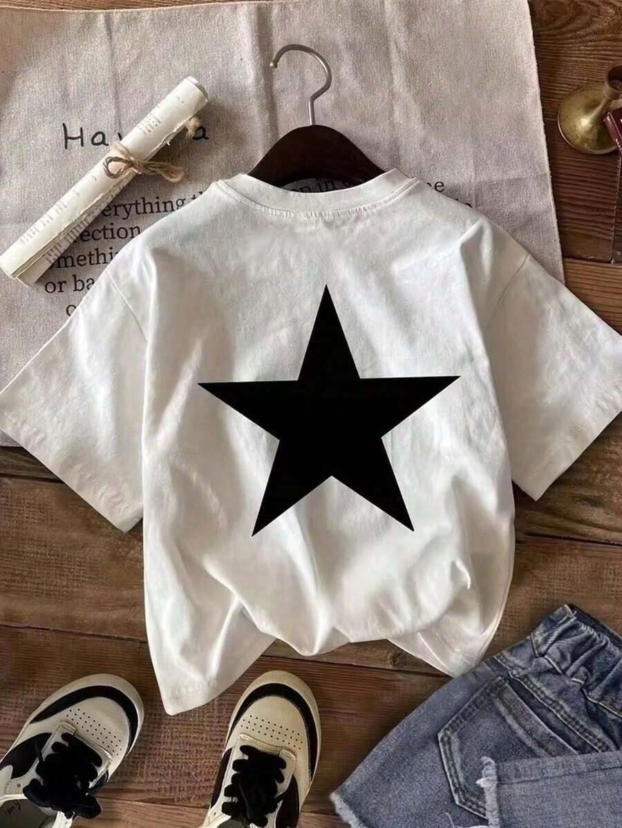 Graphic New Women's Crew Neck T-Shirt, Short Sleeve, Loose Fit, Casual And Versatile With Star Print, Soft Fabric And Good Drape. Summer Top Crew Neck - 白色的 - 查看 1