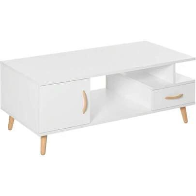 Modern Minimalism Coffee Table With Storage, Sofa Side Table With Shelf & Drawer For Living Room Reception Room, White