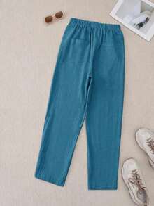 Pantalones casuales de mujer con decoración de botones y bolsillos en diagonal - Azul lavado medio - Ver 2