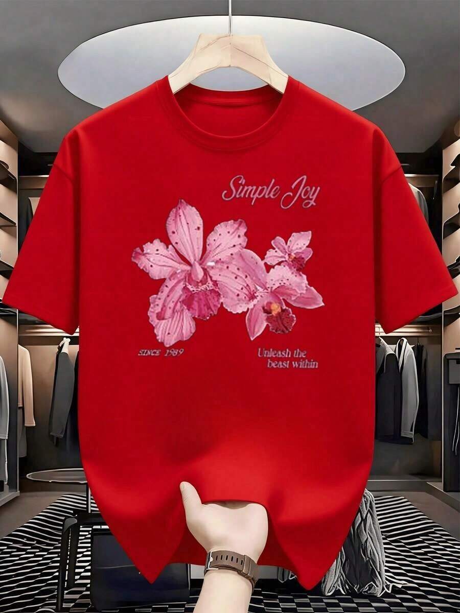 Pink Orchid Flowers That Convey Simple Joy And Positive Energy, Inspiring Well-Being And Inner Calm With Delicate Details And Vibrant Colors. T-Shirt, 100% Cotton, 220g - 紅色的 - 查看 1
