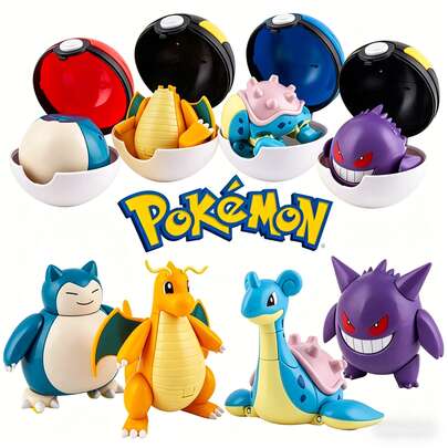 pokemon 6个第一世代宝可梦可变形精灵球人偶，包含喷火龙和拉普拉斯等宝可梦，可互动变形，怀旧桌面摆件，宝可梦忠实粉丝和动漫爱好者的理想礼物，经久耐用的收藏套装