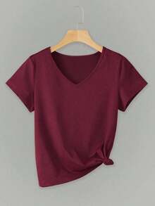 3 piezas Camiseta de mujer de cuello en V de manga corta, tops casuales versátiles clásicos, moda minimalista, adecuada para exteriores, fiestas, estudiantes, maestros, uso diario - Multicolor 8 - Ver 3