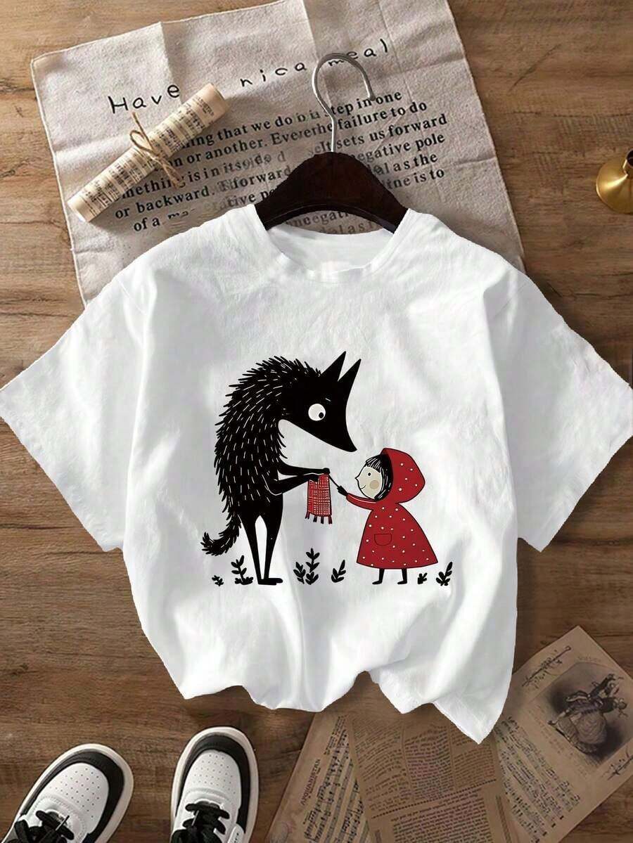 Short-Sleeved T-Shirt With Cartoon Print, White Summer - White - View 1