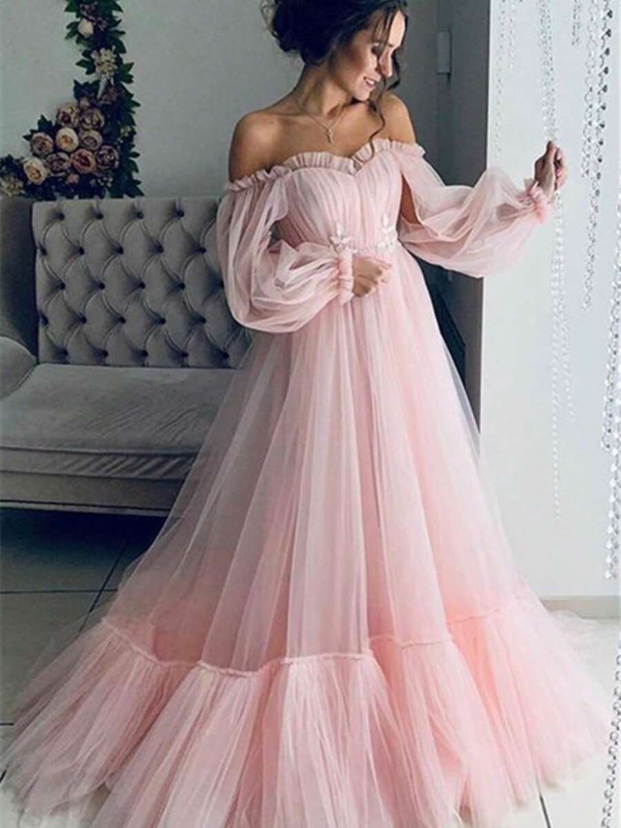 Vestido hombros al aire manga larga tul corte princesa elegante - Rosa - Ver 1