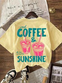 COFFEE CLUB Graphic T-Shirt, Casual Short-Sleeved Round Neck T-Shirt For Women, Suitable For Summer, Vacation, Pink Beach. - 淺黃色 2 - 查看 2
