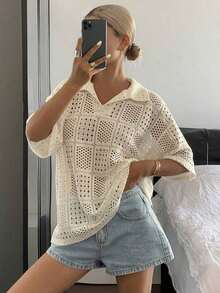 Women's Short-Sleeved Polo Shirt, Loose Fit, Textured And Openwork Fabric, For Summer - Hijau Tentara - View 9