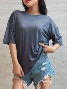 Camiseta de manga corta oversize, negro sólido, ajuste holgado casual para deportes blancos de verano - Gris 2 - Ver 4