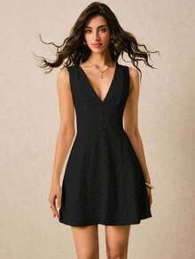 Vestido corto de mujer sin mangas de cuello en V profundo de unicolor minimalista - Negro - Ver 7