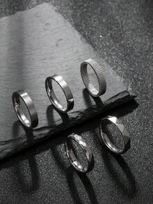5pcs 4mm Wide Stainless Steel Rings, Silver Color, Faceted Rings, Suitable For Men, Daily Wear, Gift For Husband, Classmates, Boyfriend - Silver - View 8