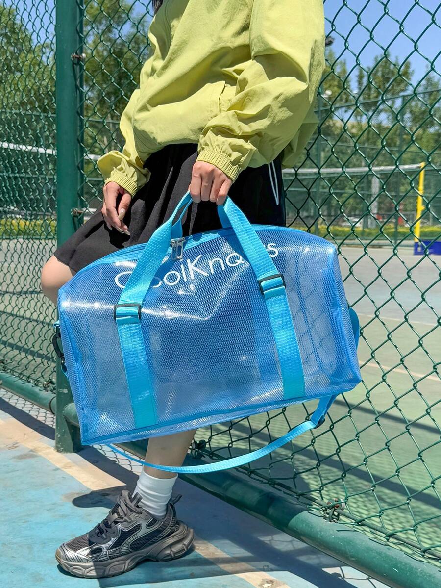 網格大容量健身包,乾濕分離透氣手提包,透明收納托特包,適用海灘與游泳,斜背運動肩背包,短途旅行行李包附手把 - 彩色 - 查看 1