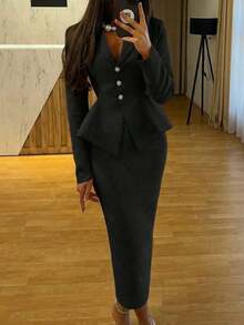 Set de 2 piezas Traje formal elegante de negocios: Blazer + Falda con abertura en el bajo - Negro - Ver 4