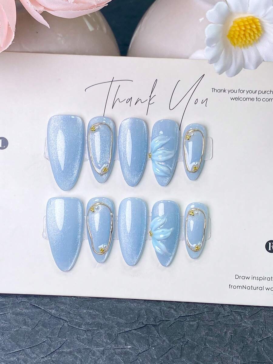 10pcs Handmade Acrylic Resin Embossed Nail Stickers, Short Nails, Summer Nails, Y2K Style French Manicure, Light Blue Almond Nails With Gold Frame And Bead Decor, 3D Light Blue Floral Decor. Elegant And Suitable For Women And Girls For Daily, Summer Outing And Casual Occasions. - Dusty Blue - View 1
