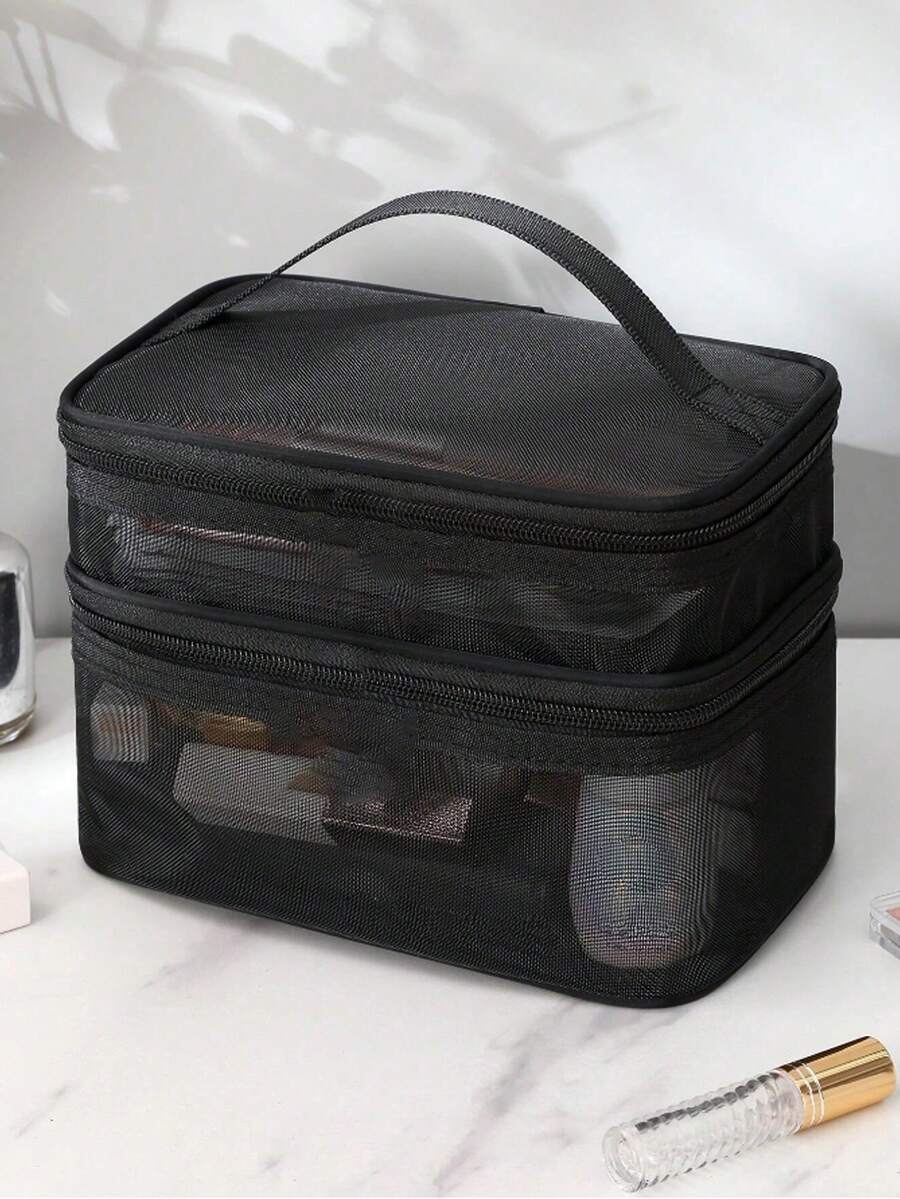 1pc Double Layer Travel Makeup Bag, Multi-Functional Cosmetic Storage Bag, Large Capacity Makeup Brush Organizer, Travel Accessories, Portable Makeup Bag, Travel Essentials, Suitable For Lipstick, Makeup Brushes, Cosmetics, Toothbrush, Shower Gel, Soap