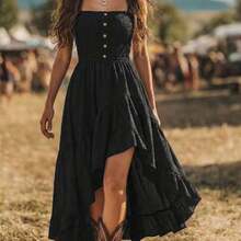 Bohemian Style Casual Vacation Front Short Back Long Cinched Waist Women's Mid-Length Dress - Negro - Ver 1