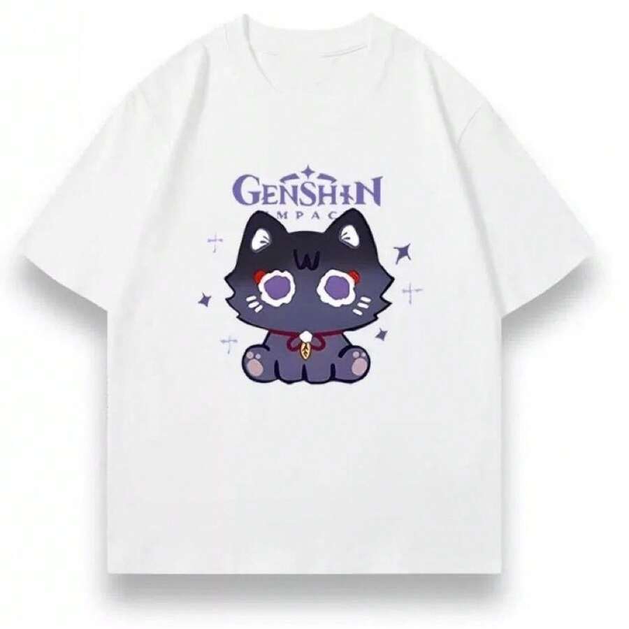 Mercancía del juego : Camiseta de manga corta con diseño del gato Wanderer Scaramouche para hombres y mujeres, ropa de anime de verano para estudiantes. - Negro - Ver 1