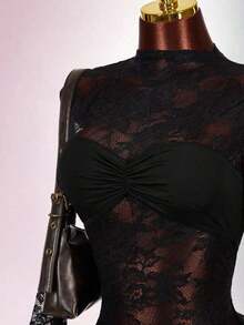 Blusa de encaje para mujer con vestido mini ajustado de tul rojo vintage con cordón en el bajo, estilo bohemio para fiesta - Negro - Ver 5