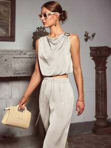 Sollinarry Conjunto de top sin mangas con cuello mao y hebilla metálica decorativa, y pantalones holgados con cintura ajustable con cordón, apropiado para salidas, vacaciones y festivales de música, elegante - albaricoque gris - Ver 2