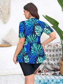 Swim Lushoire Conjunto de traje de baño Tankini de verano de talla grande con diseño de plantas tropicales impresas de alta cuello con cremallera y manga corta y boxeador unicolor corto para vacaciones en la playa - Azul marino - Ver 2