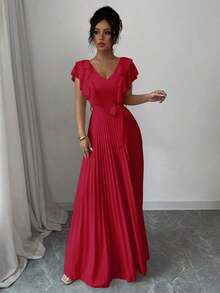 Vestido elegante y romántico de mujer con cuello en V, cintura con volantes y silueta en A - Rojo - Ver 5