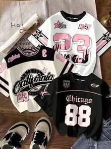 Set de 3 camisetas holgadas de manga corta con cuello redondo, estampado de letras y números, de estilo minimalista y casual, adecuadas para verano, Mundial, exterior, estilo callejero, chic, Y2K, vacaciones en la playa - Multicolor 3 - Ver 8