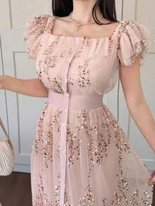 Vestido de tirantes, con volantes, estampado floral diminuto, con cuello de pico, estilo para ir al trabajo, vestido largo - Rosa - Ver 6