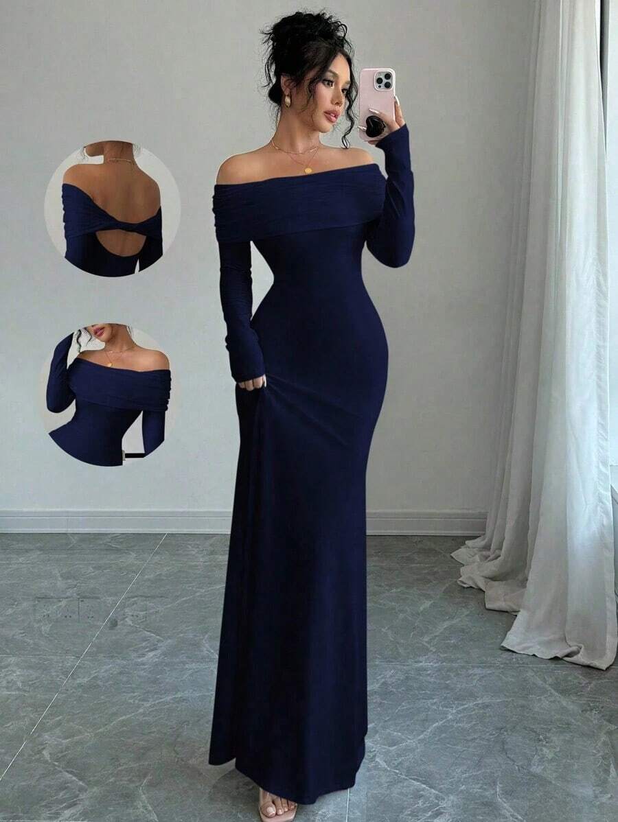 Vestido largo de punto acanalado con manga larga, cintura ceñida, hombros descubiertos, espalda descubierta, doblez de cola de pez, elegante y sexy, color blanco, para otoño/invierno, atuendo de mujer maxi - Azul marino - Ver 1