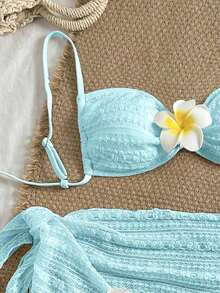Swim Vcay Conjunto de bikini de 3 piezas con textura de tela, decoración floral, espalda descubierta, lazo, sexy y dulce, de estilo casual en color crema y amarillo, adecuado para la playa y vacaciones - Azul - Ver 3