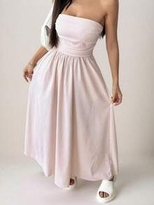 Vestido bandeau informal a rayas para mujer - Rosa Pálido - Ver 3