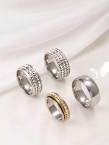 Set 4 Cincin Wanita Elegan dari Stainless Steel dengan Batu Zirkonia Kubik, Cocok untuk Pemakaian Sehari-hari dan Aksesori Acara Meriah - Perak - View 5