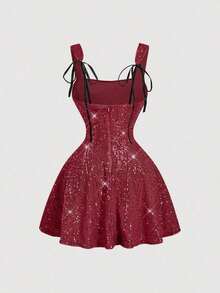 MOD Vestido de fiesta con lentejuelas de color albaricoque para mujer, sin mangas, corto y con diseño ajustado y acampanado, vestido con lentejuelas plateadas - Burdeos - Ver 2