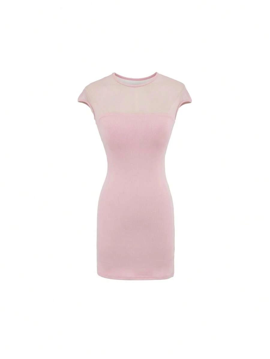 Spring-Summer Dress With A Tulle Combination, Round Neck And Short Sleeves, Fitted Cut That Stylizes And Flatters The Figure - Pink - View 1