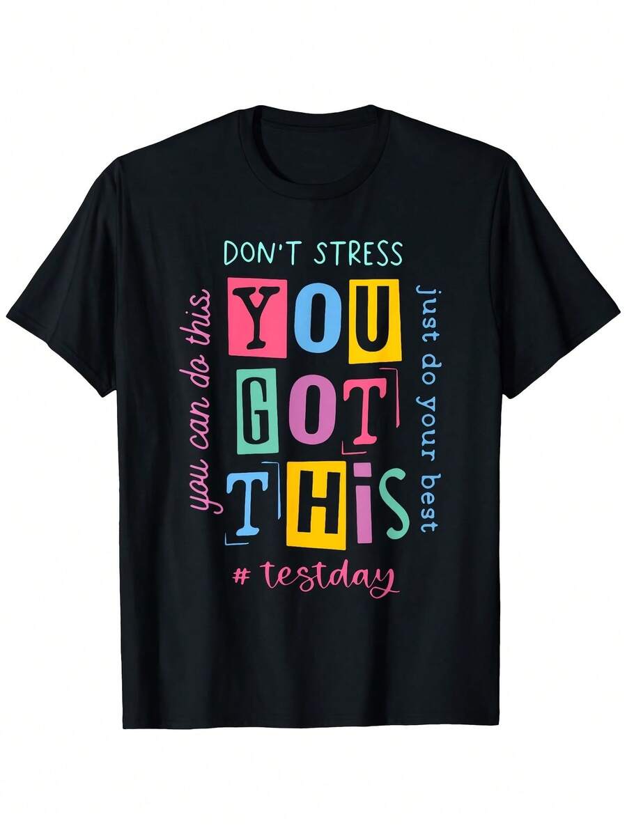 Men's Mexican Design T-Shirt "Don't Stress, You Can Do It, You Can Do It" Short Sleeve T-Shirt With Front Print - Comfortable And Breathable Casual Tops For Summer, Spring And Autumn, Same Style For Men And Women, Summer 2026 Short Sleeve Printed T-Shirt, Cotton T-Shirt, Summer Fashion. - 黑色 - 查看 1