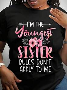 Camiseta para mujer "Soy la hermana menor, las reglas no se aplican a mí" con estampado floral, camiseta gráfica, top casual de verano - Negro - Ver 1