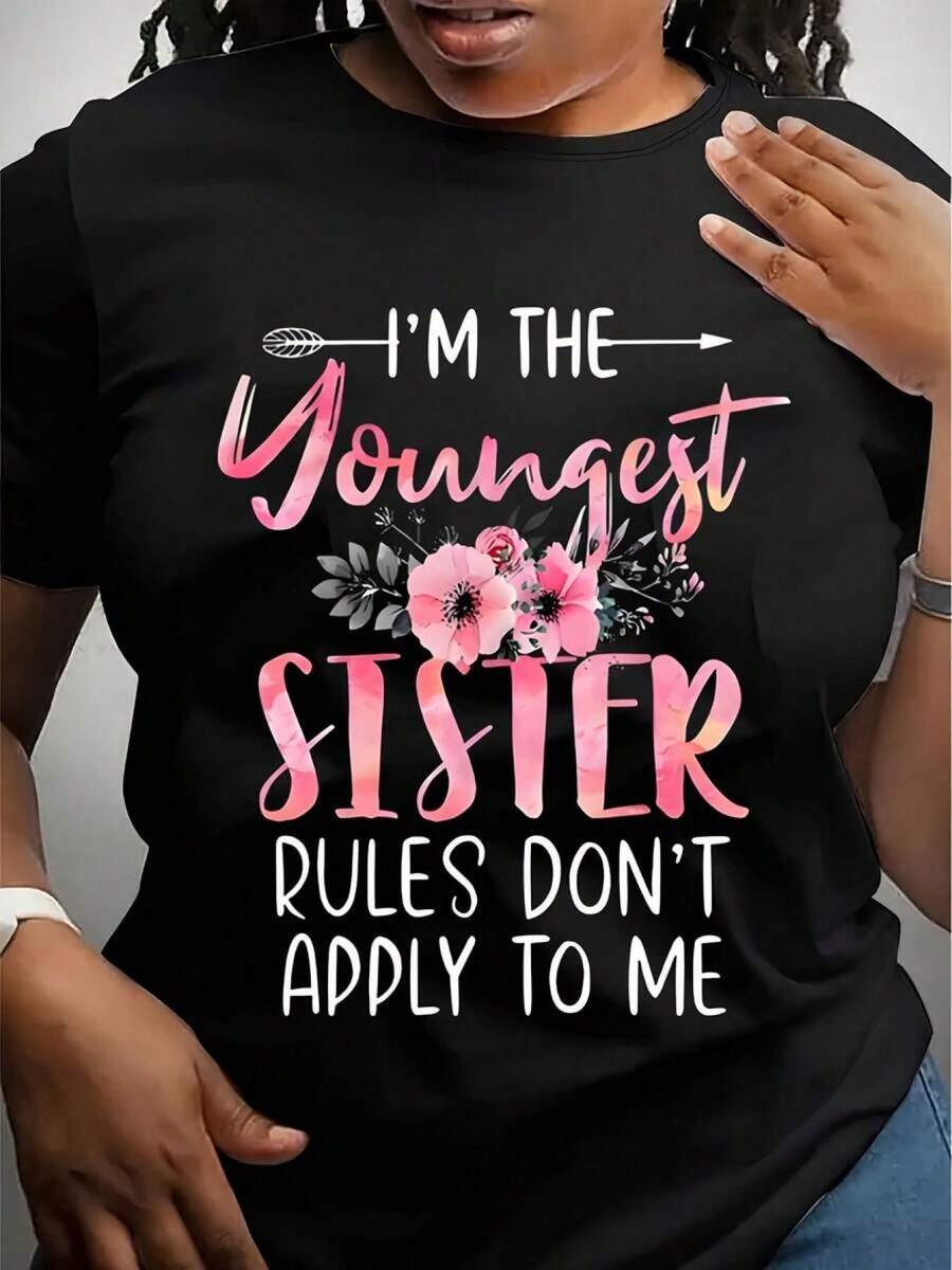 Camiseta para mujer "Soy la hermana menor, las reglas no se aplican a mí" con estampado floral, camiseta gráfica, top casual de verano - Negro - Ver 1