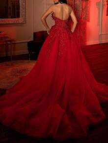 Off-The-Shoulder Dress With Sequins And Elegant Embroidery - Red - View 3