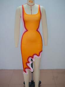 Vestido tirantes estampado ajustado falda irregular verano 2026 - Dorado - Ver 6