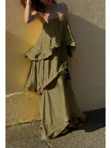 KZKZWK Women's Tiered Ruffle Strapless Maxi Dress, Satin Fabric For Formal Events & Galas - 褐色 - 查看 12
