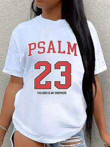 Women's Black Casual T-Shirt With A Print Of The Lyrics Of Psalm 23 "The Lord Is My Shepherd", With Regular Short Sleeves And A Round Neck, Made Of Comfortable Fabric With A Slight Stretch - 白色的 - 查看 1