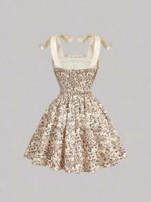 MOD Vestido corto rosado de mujer con estampado floral marrón y cinturón, vestido de patinadora acampanado vintage para graduación y té - Rosa - Ver 6